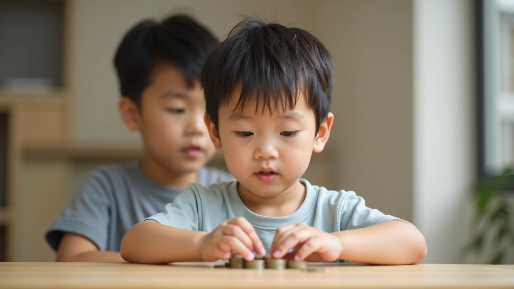 Young child counting colorful coins on a wooden table, parent sitting nearby, warm natural lighting, focused concentration