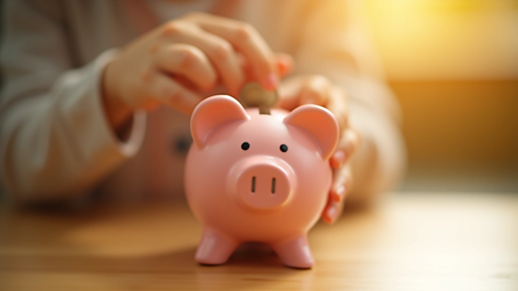 Child placing coins into a colorful ceramic piggy bank on a wooden table, soft natural lighting