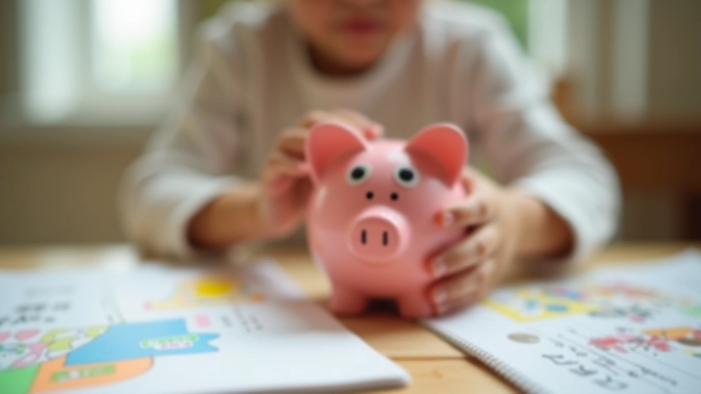 Child counting coins and writing amounts in a savings notebook with goal trackers and stickers marking milestones