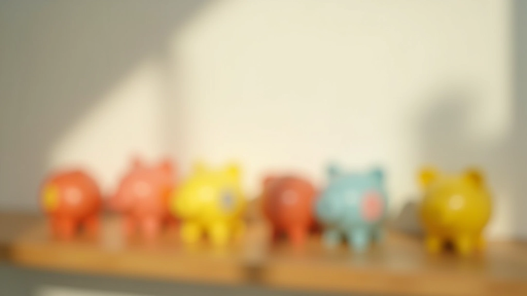 Colorful piggy banks and small notebooks arranged on a shelf, one labeled with child's name, soft focused background, daylight from window