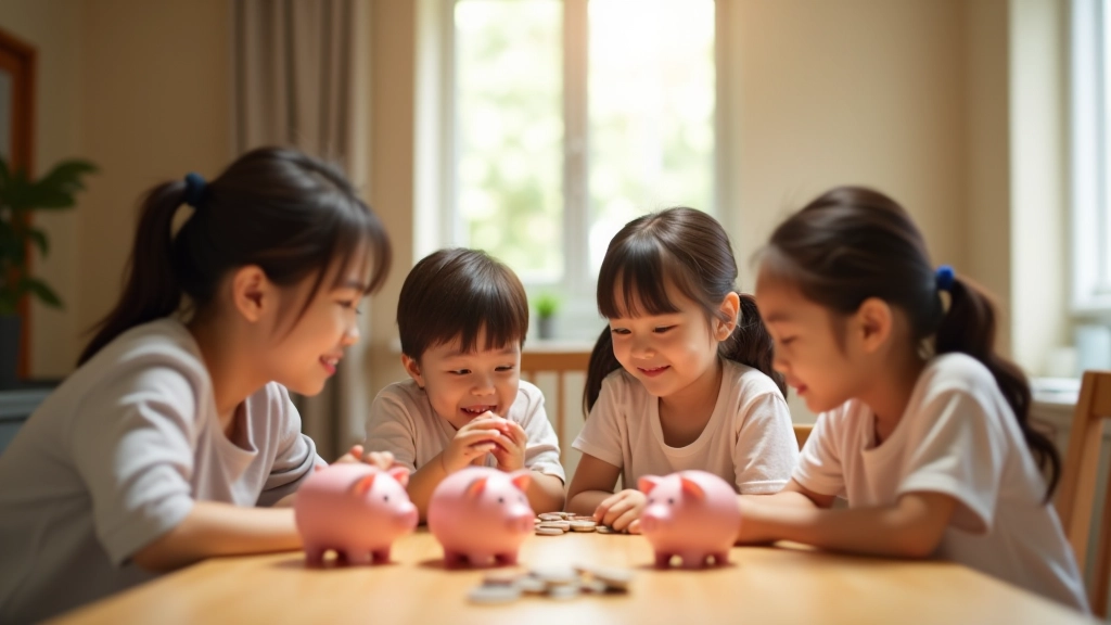 Family discussing finances and piggy banks at home, warm natural lighting, relaxed atmosphere