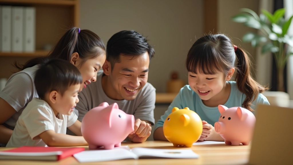 Family learning about money management with piggy banks and envelopes