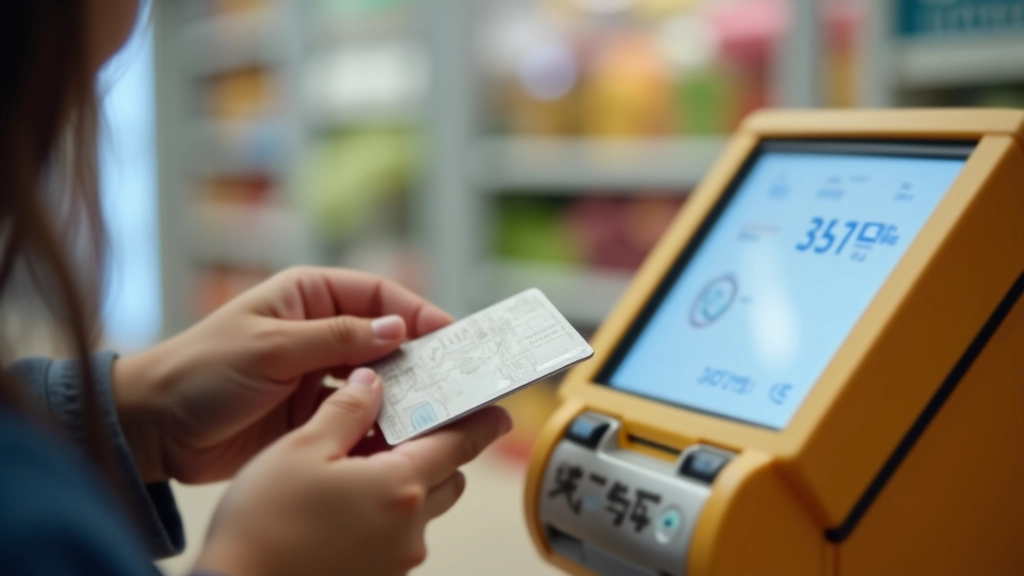 Close-up of hands holding Octopus card while checking balance on a card reader machine, convenience store interior, clear display screen