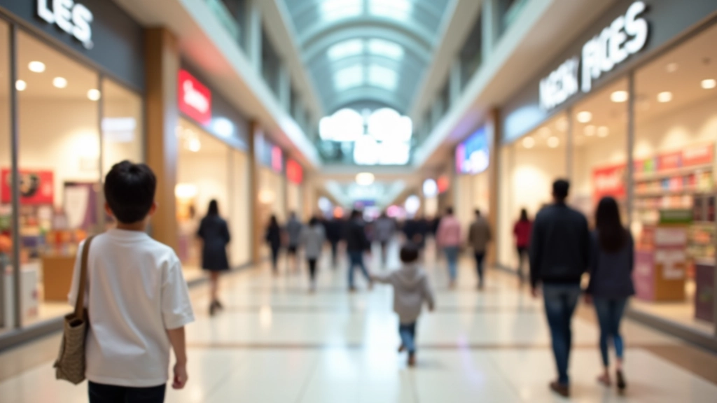 Shopping mall interior with storefronts, busy shopping area with display windows, family walking through mall, afternoon light, vibrant retail environment
