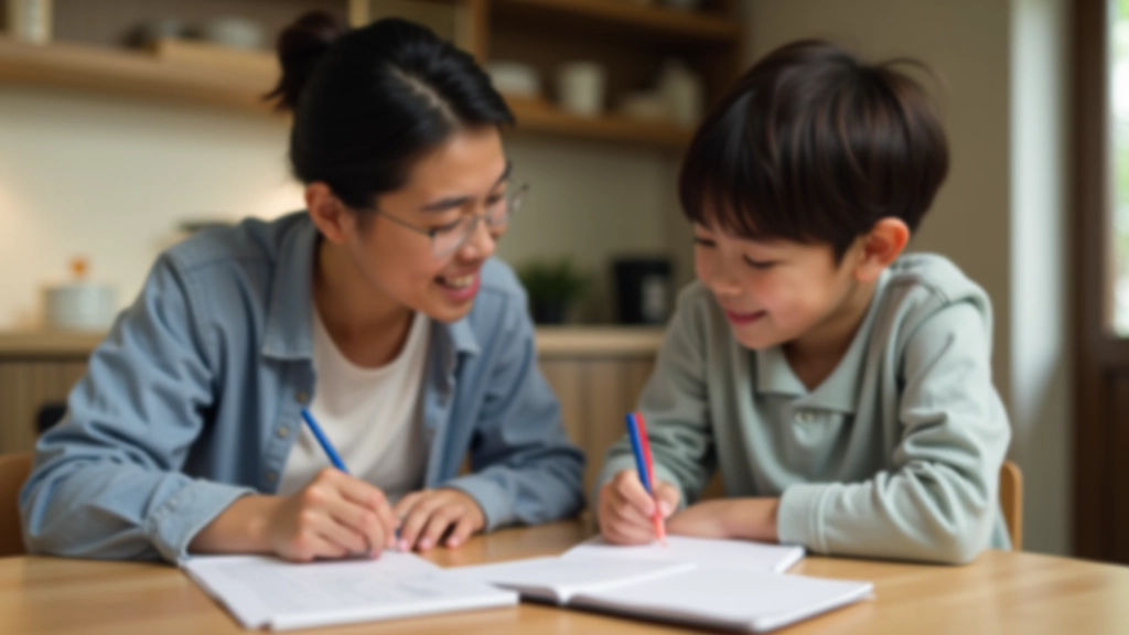 Parent and teenager having discussion at kitchen table with notebook and calculator, open body language, warm lighting, relaxed conversation