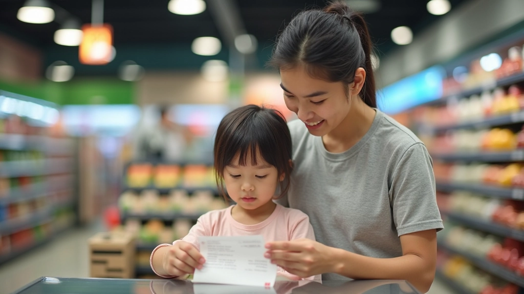 Parent and child at a grocery store checkout, looking at receipt together, casual family moment, bright store lighting