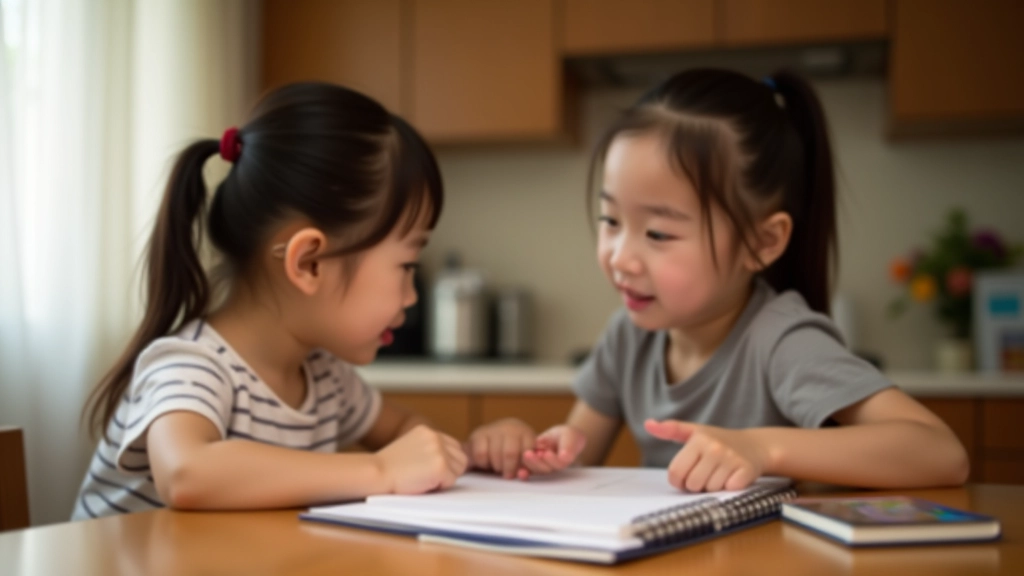 Parent and child having conversation at kitchen table with notebook and Octopus card visible, warm home lighting, genuine discussion moment