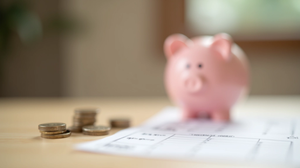 Child's piggy bank with coins and paper savings goals, money saving tracking chart, visual representation of goals, home setting