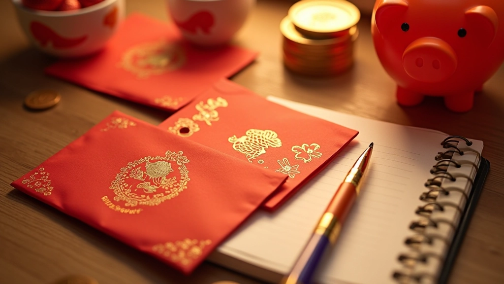 Two red envelopes with gold patterns arranged on a table next to scattered coins and a notebook, festive lighting