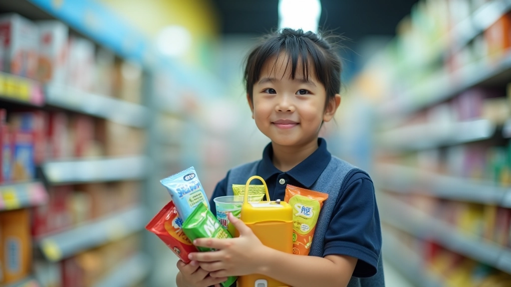 Student in school uniform holding multiple items from convenience store including snacks and drinks, fluorescent store lighting, typical after-school shopping scene