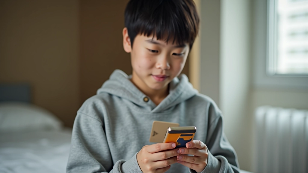 Teenager holding Octopus card, checking balance on phone, casual clothing, sitting at desk, soft natural light, confident posture