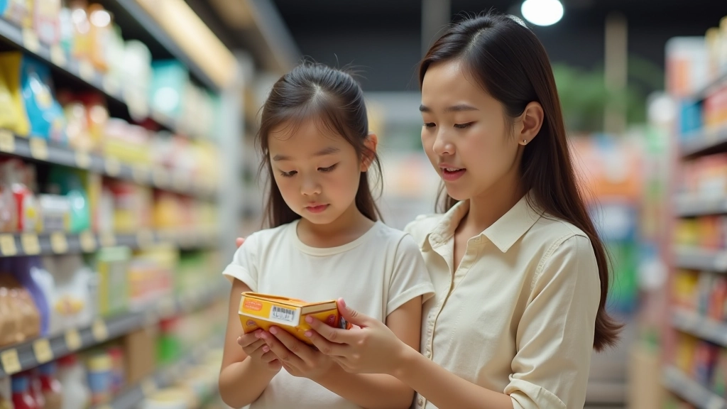 Parent and child looking at product prices, examining packaging together, decision-making moment in store, natural lighting, engaged learning