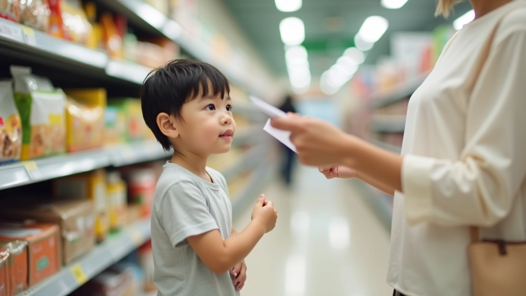 Child pointing at items on supermarket shelf, mother looking at shopping list, morning grocery store setting, bright lighting, natural composition