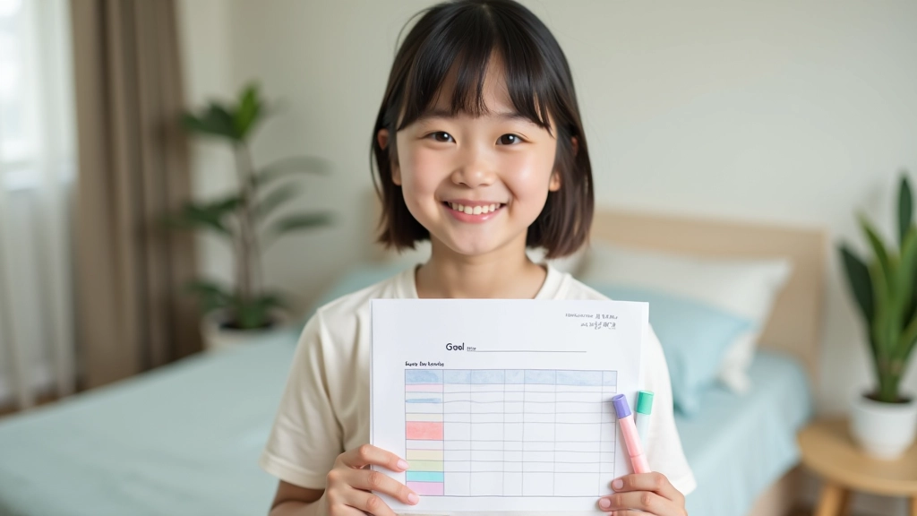 Young person holding a goal tracker chart showing progress bars for different savings targets with achievement badges