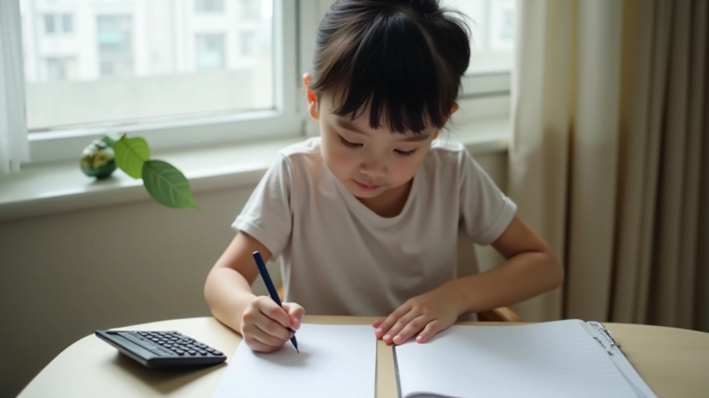 Young person writing in a notebook tracking daily expenses, sitting at a desk with calculator and pen, natural window light, organized workspace